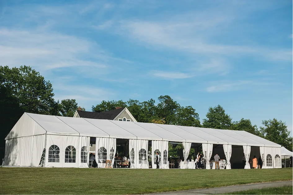 Illuminated event tent at night